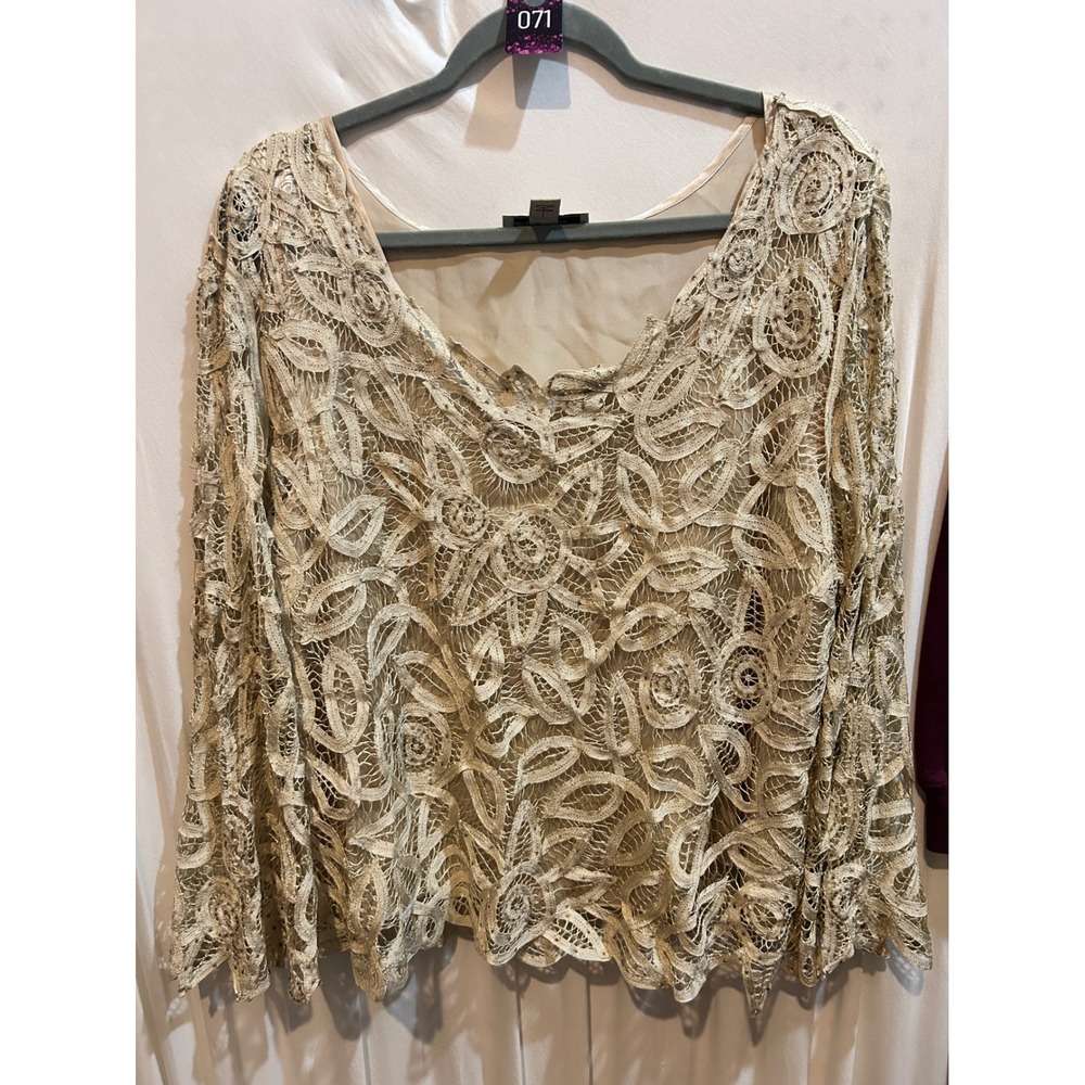 Soulmates Womens Top 1X Champagne Gold Floral Lace Lined Long Sleeve Elegant
